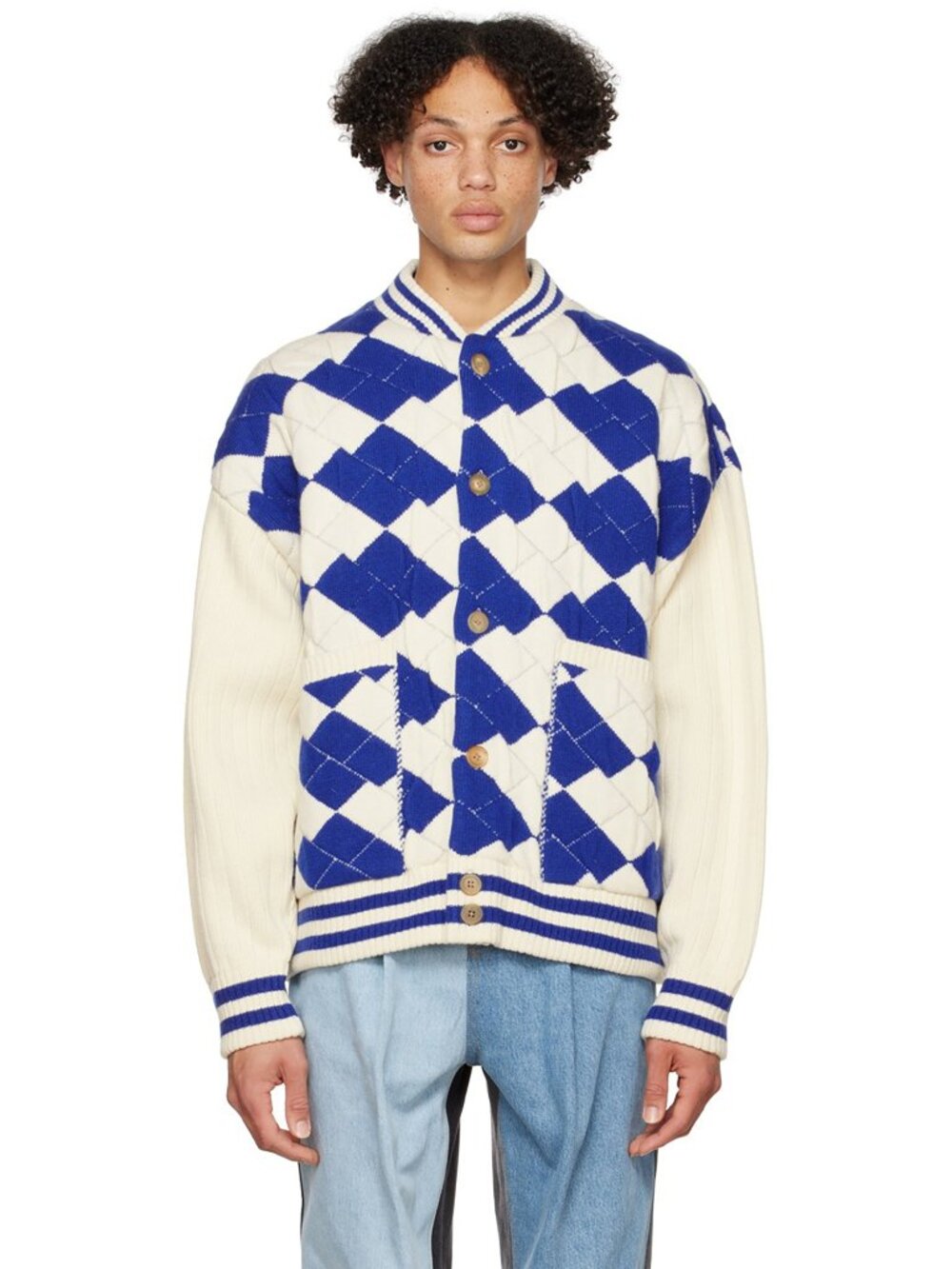 ADER ERROR Unisex Blue Light Beige TENIT Argyle Chunky Knit Cardigan Jacket A1